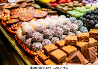 Different Sweet Candies In Market In Barcelona, Christmas Time