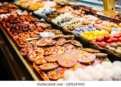 Different Sweet Candies In Market In Barcelona, Christmas Time