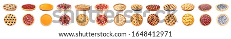 Different tasty pies on white background