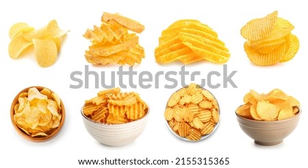 Different tasty potato chips on white background