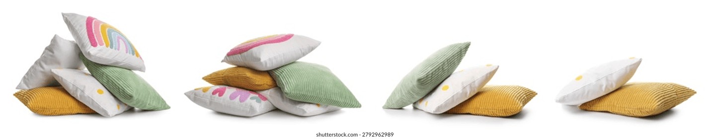 Different throw pillows isolated on white, set