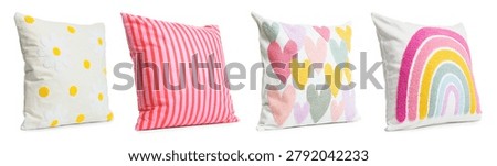 Different throw pillows isolated on white, set