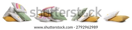 Different throw pillows isolated on white, set