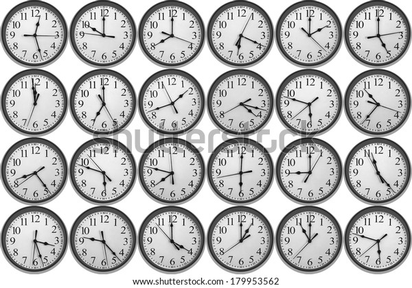 Different times. Different Clocks with different times. Different Digital Clocks with different times.