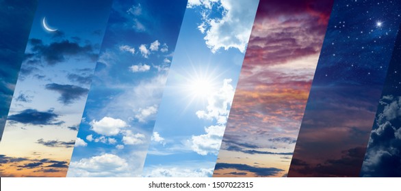 Different times of day: dawn and sunset, day and night. Concept of continuous flow of time and unity and struggle of opposites. Elements of this image furnished by NASA