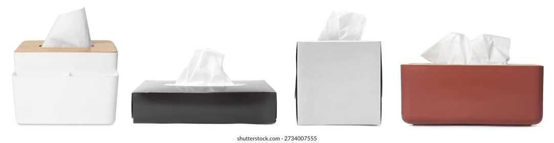 Different tissue boxes isolated on white, set