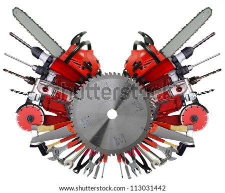 Different tools collage background isolated on white