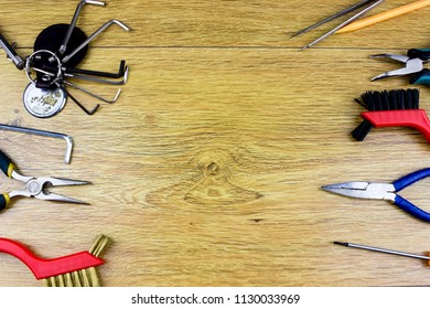 Different tools and equipment on a table. Empty copy space for text