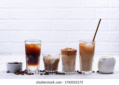 Different Trendy Coffee Drink. Cold Brew Coffee, Espresso Tonic, Ice Cream Latte And Dalgona Coffee