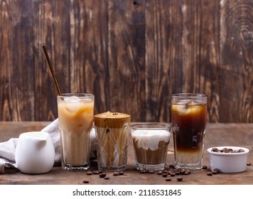 Different Trendy Coffee Drink. Cold Brew Coffee, Espresso Tonic, Ice Cream Latte And Dalgona Coffee