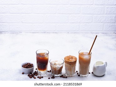 Different Trendy Coffee Drink. Cold Brew Coffee, Espresso Tonic, Ice Cream Latte And Dalgona Coffee