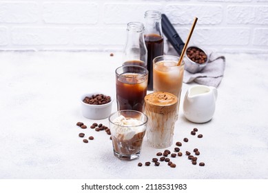 Different Trendy Coffee Drink. Cold Brew Coffee, Espresso Tonic, Ice Cream Latte And Dalgona Coffee