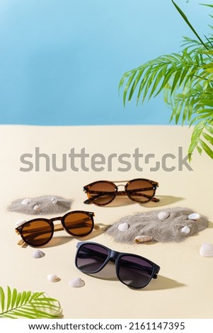 Different Trendy sunglasses on beach background. Sunglasses on sand with seashells and palm leaves - summer fashion concept. Fashionable accessories. Optic store discount, sale. Selective focus
