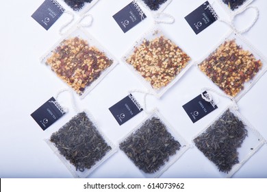 Different Type Of Tea Bags On A White Background