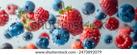 Different types of berries dropping into the water