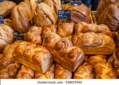 Different types of bread and baking on Sarona market, Tel Aviv - Jaffa, Israel