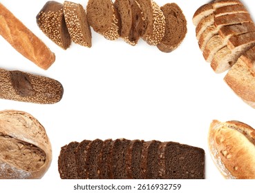 Different types of bread isolated on white, top view