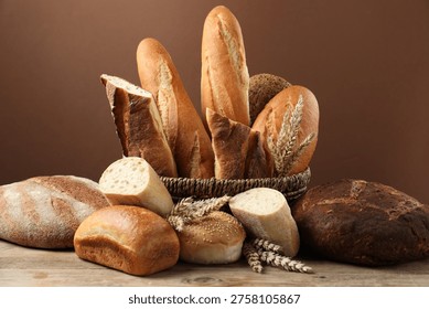Different types of bread loaves in wicker basket on wooden table against brown background, closeup