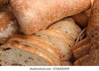Different types of bread on table, flat lay