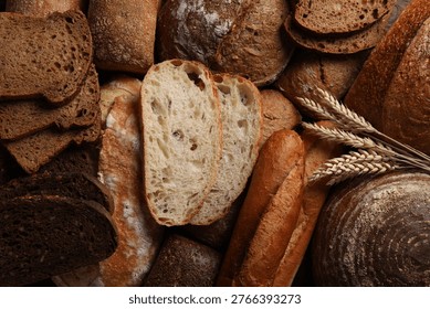 Different types of bread and wheat spikes on table, flat lay