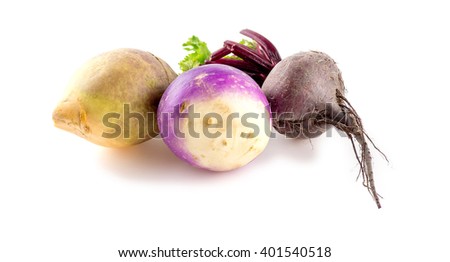 Different types of bulbous taproot vegetables isolated on white