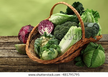 Different types of cabbage in a basket