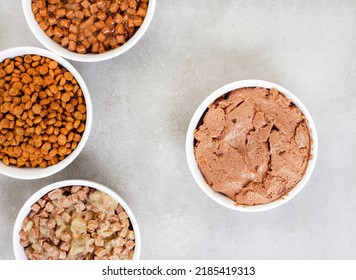 Different Types Of Cat Food In In Bowls On Grey Surface With Copy Space

