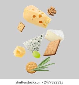 Different types of cheese, crackers, grape, rosemary and walnut in air on light grey background - Powered by Shutterstock