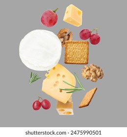 Different types of cheese, crackers, grapes, rosemary and walnuts in air on grey background - Powered by Shutterstock