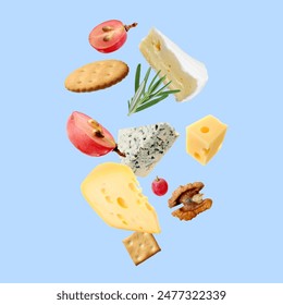 Different types of cheese, crackers, grapes, rosemary and walnut in air on light blue background - Powered by Shutterstock