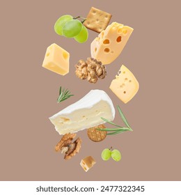 Different types of cheese, crackers, grapes, rosemary and walnuts in air on dark beige background - Powered by Shutterstock