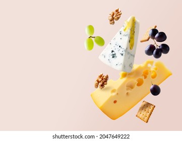 Different types of cheese are flying or falling in the air. Levitation concept. Cheeses mix maasdam, dor blue, camembert, brie and grapes, walnuts, galeta. Isolated. Copy space. - Shutterstock ID 2047649222