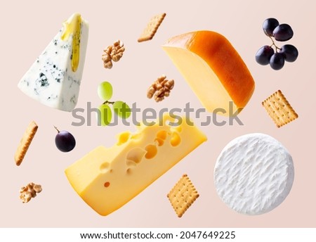 Different types of cheese are flying or falling in the air. Levitation concept. Cheeses mix maasdam, dor blue, camembert, brie and grapes, walnuts, galeta. Isolated. Copy space.
