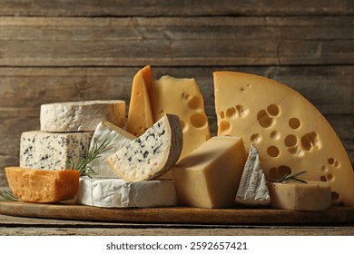 Different types of cheese and rosemary on wooden table