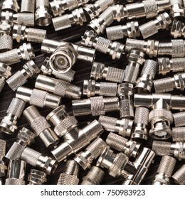 Different Types Coaxial Connectors On Background Stock Photo 750983923