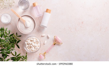 Different Types Of Collagen For Skin Care Flat Lay, Copy Space