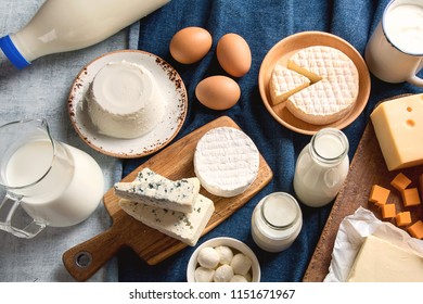 Different Types Of Dairy Products And Eggs. Flat Lay