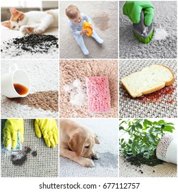 Different types of dirt on carpet. Cleaning concept
