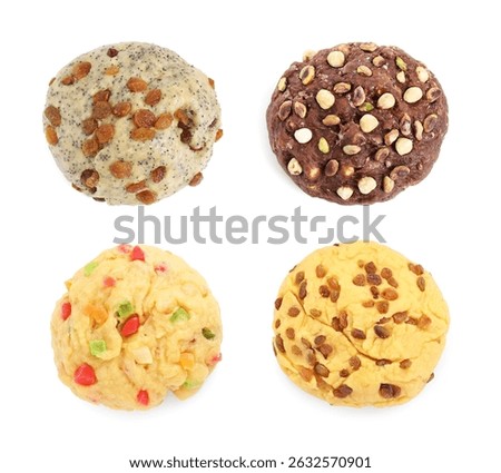 Different types of dough isolated on white, set. Top view