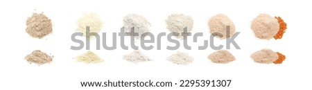 Different types of flour on white background, top and side views. Collage design