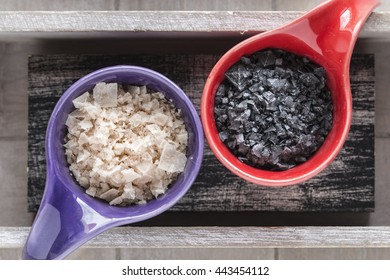 Different types of food coarse Salt in ceramic bowls  - Powered by Shutterstock