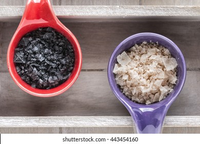 Different types of food coarse Salt in ceramic bowls  - Powered by Shutterstock