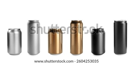 Different types of fresh beer in cans isolated on white, set