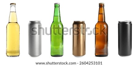 Different types of fresh beer isolated on white, set