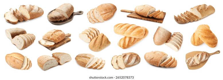 Different types of fresh bread isolated on white, collage