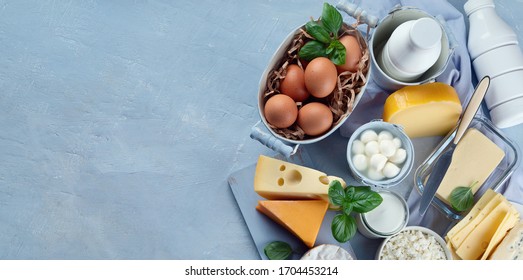 Different Types Of Fresh Farm Dairy Products. Foods Rich In Calcium. Top View With Copy Space. Panorama, Banner