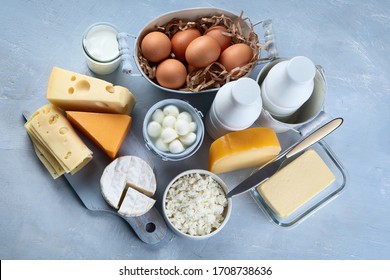 Different Types Of Fresh Farm Dairy Products. Foods Rich In Calcium. Top View 