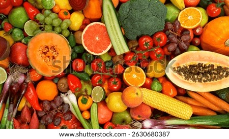 Different Types of Fresh Fruit and Vegetables on a Pile , Close-up