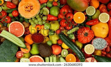 Different Types of Fresh Fruit and Vegetables on a Pile , Close-up