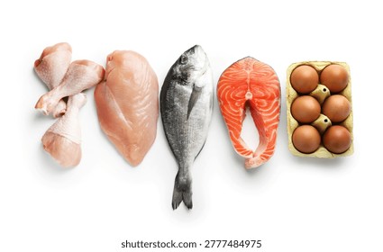 Different types of fresh raw meat, fish and eggs isolated on white, top view